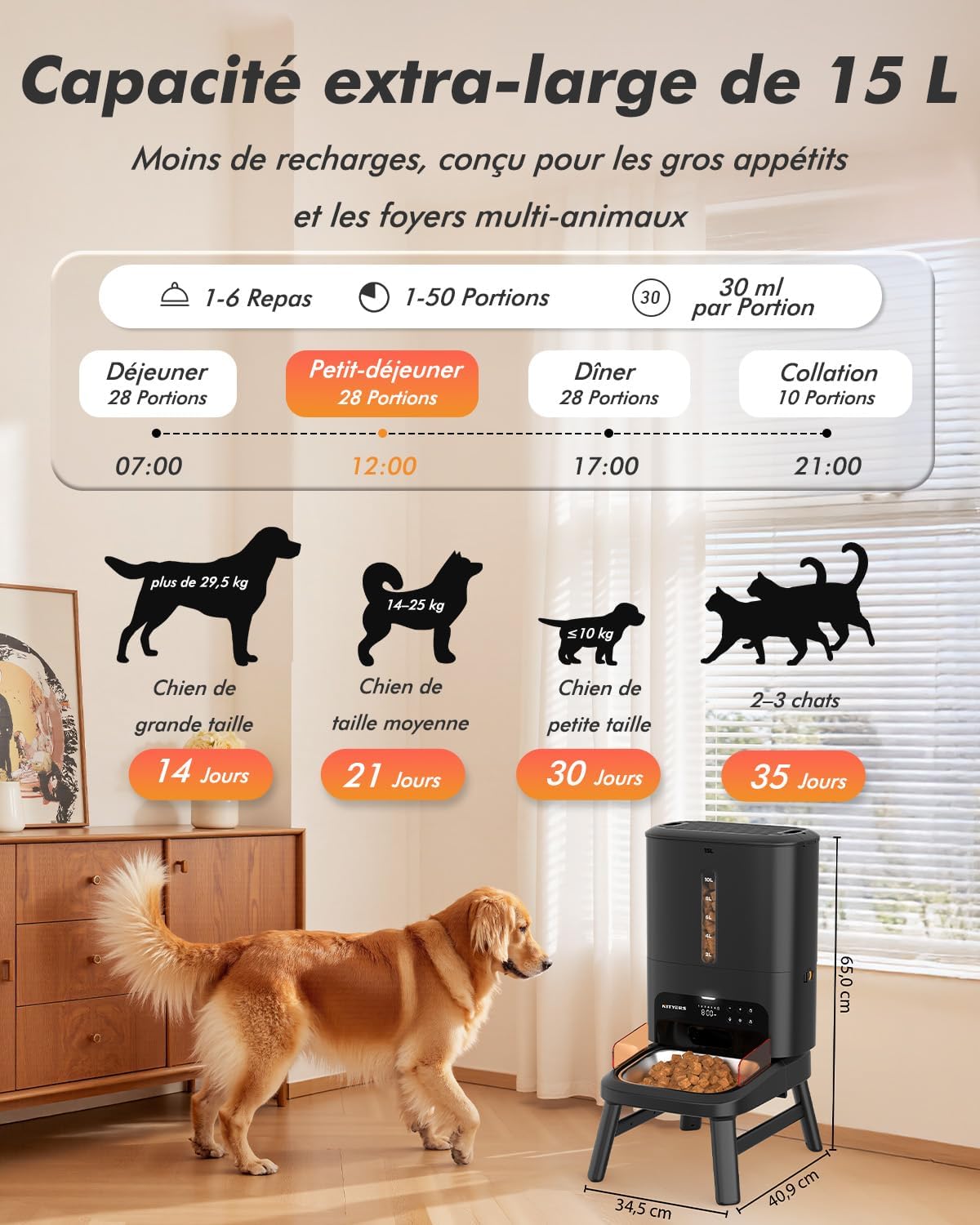 Distributeur Croquettes Chien Automatique, 15L Grande Capacité 15.0 liters