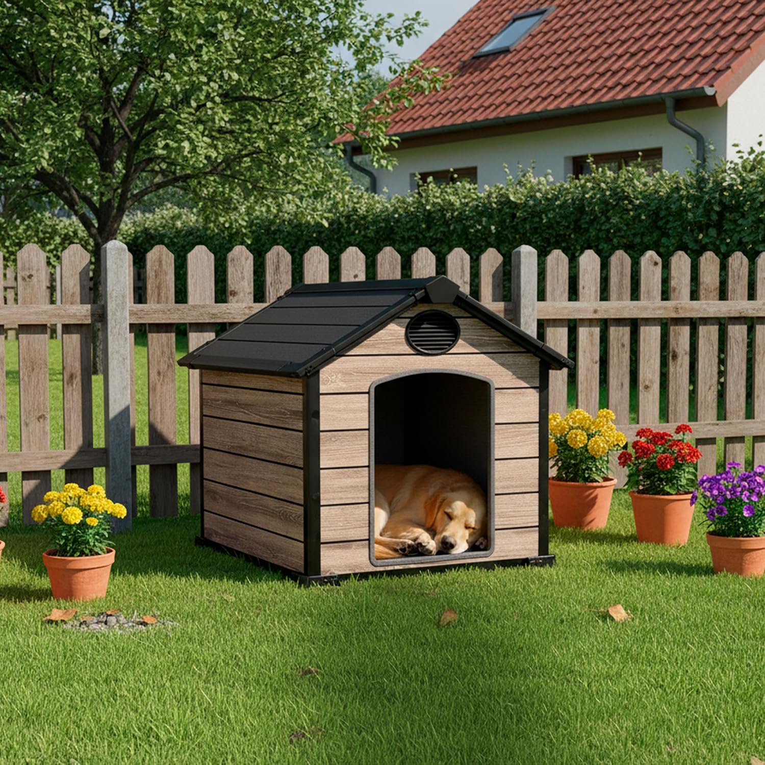 Hoggar Niche extérieure pour chien 102 x 115 x 105 cm, sol inclus, 2 aérations, protection UV et imperméable, effet bois, Oak O10 en résine