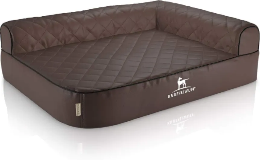 Knuffelwuff Winslow Panier d'angle Orthopédique en Similicuir Surpiquage au Laser Accoudoir à Droite Marron XXL 120 x 80 cm Dossier droit marron L 120 x l 80 x H 25 cm