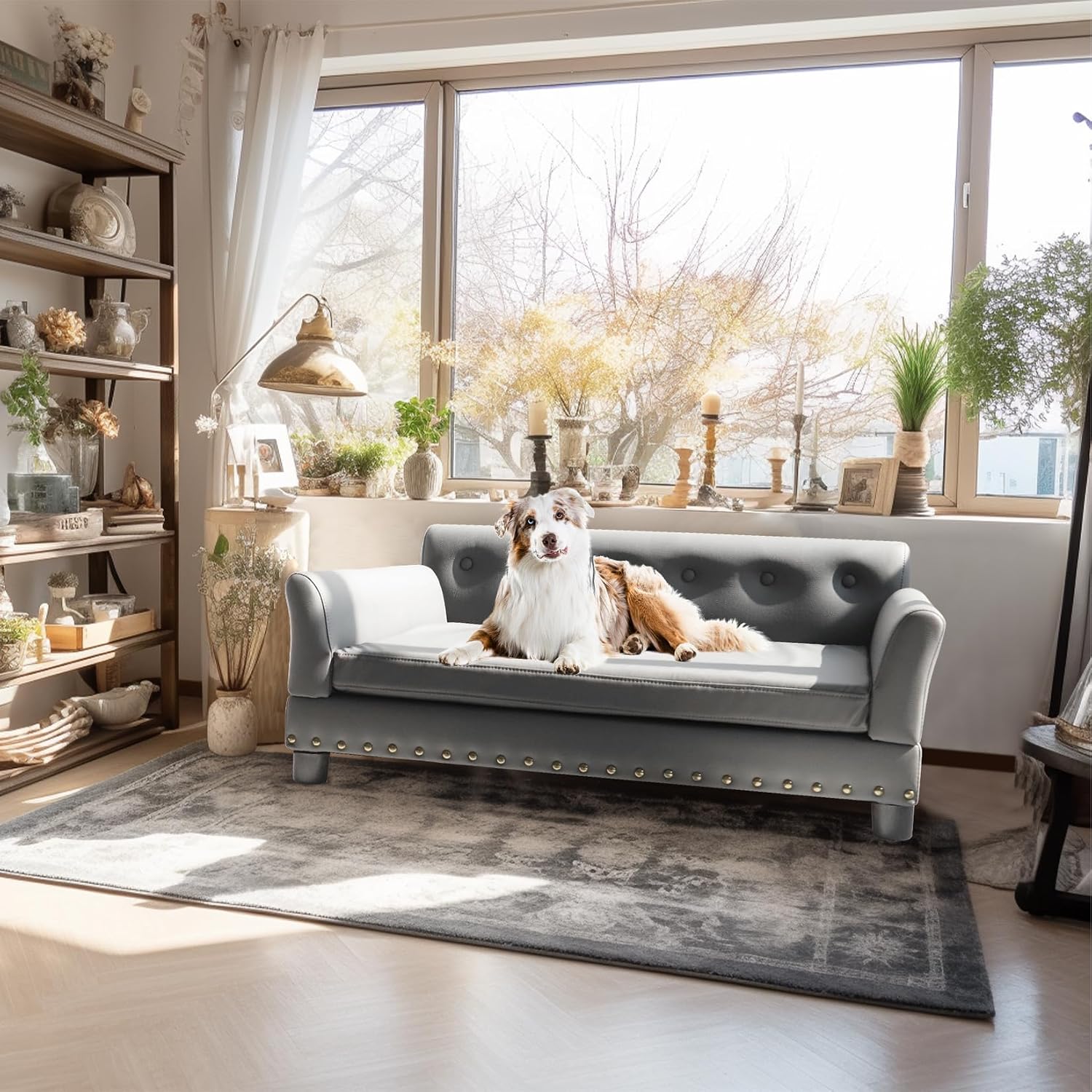 Canapé pour Chien Grande Taille: Lit en Hauteur pour Gros Déhoussable XXL en Bois - Fauteuil Chien sur Pied en Cuir 120x74x40cm L 120 x l 74 x H 40 cm Gris Foncé