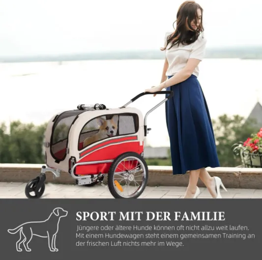 Remorque pour Chien 2 en 1 pour vélo et Jogging, Chariot de Transport pour Chiens jusqu'à 30 kg, Pliable - avec Freins - Fanion de signalisation Rouge