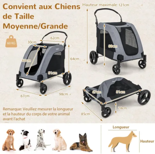 Poussette pour Chien Pliante, 67 x 98 x 64 cm, Poussette Buggy pour Chien Chat avec Fenêtre en Maille, Chariot Portable à Roulettes avec Poche de Rangement et Poignée Réglable, Charge 60KG Gris Style 9
