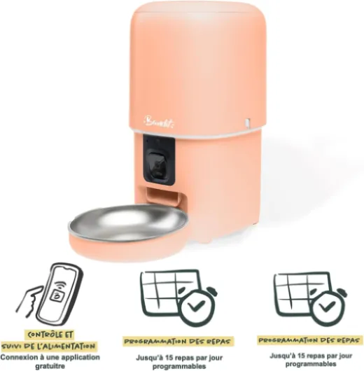 Bandit - Distributeur de croquettes Intelligent pêche - Suivi diététique pour Chats et Petits Chiens - Programmation jusqu'à 15 Repas - Caméra HD & Micro - Réservoir 4L hermétique