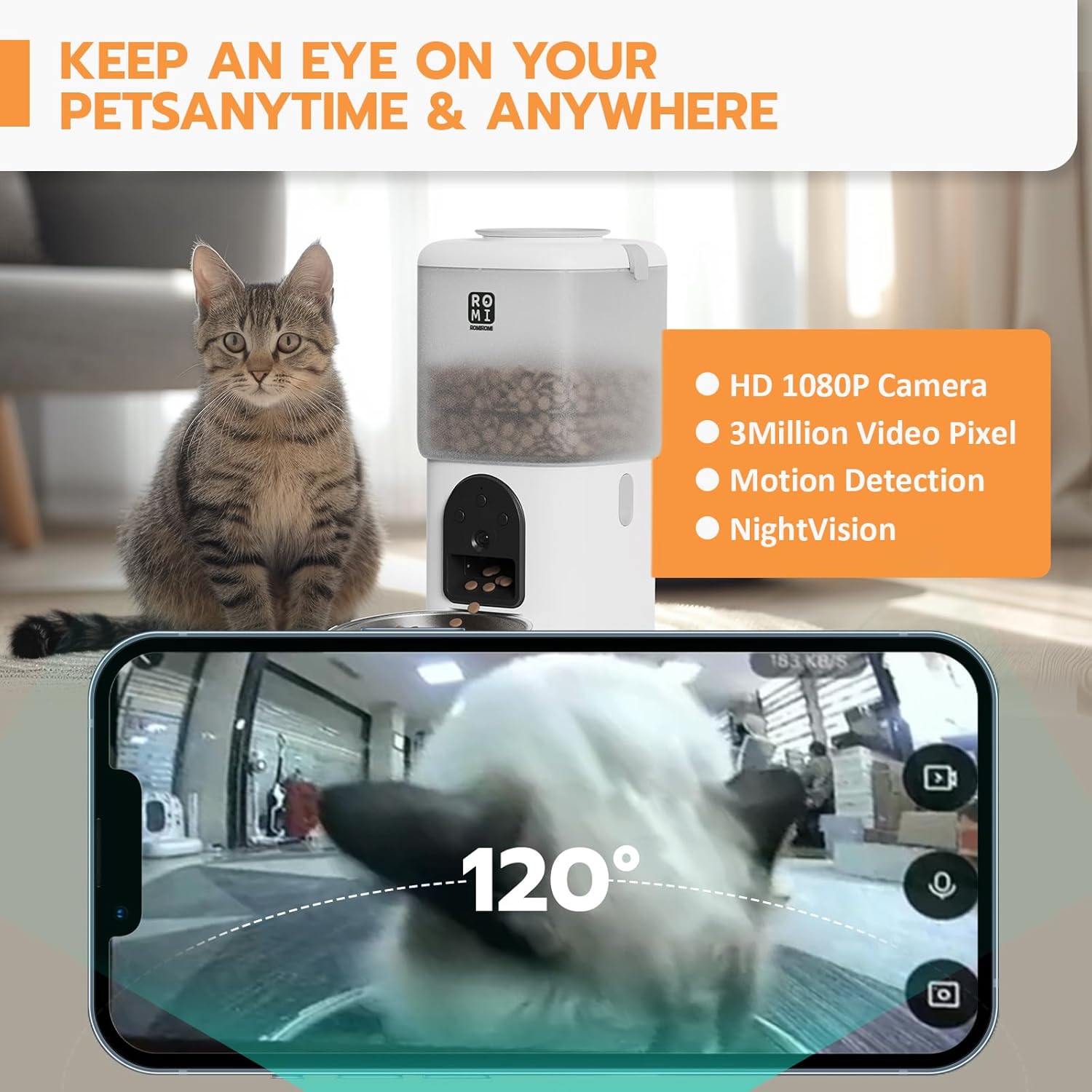Romiromi Distributeur Croquettes Chat Automatique,avec Caméra et App Control,Vidéo HD 1080P 2.4G＆5G WiFi 4.5L Mangeoire Automatique,avec Bol en Acier Inoxydable Bassin d'eau 3