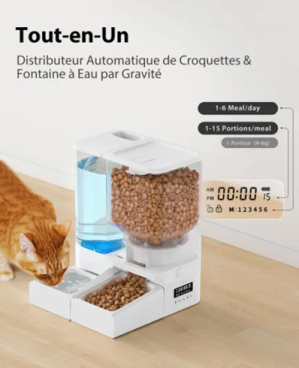 Distributeur Croquettes Chat Automatique et Eau 2 en 1, 5L Distributeur Croquettes Chien Sèche Programmable et 4L Fontaine a Eau Chats Combo, Enregistrement Vocal 10S Blanc-Bouton 5L+4L