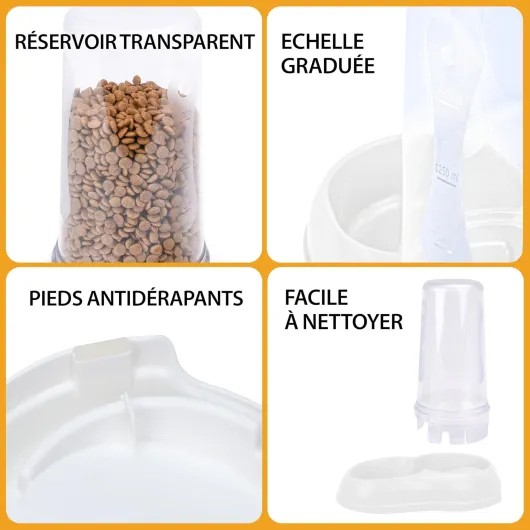 Distributeur de Nourriture ou d'eau pour Chiens et Chats, Distributeur de Nourriture sèche 1,5 Litre, Fond antidérapant, 16,5 x 25 x h 24,5 cm Blanc Blanc 1,5 L