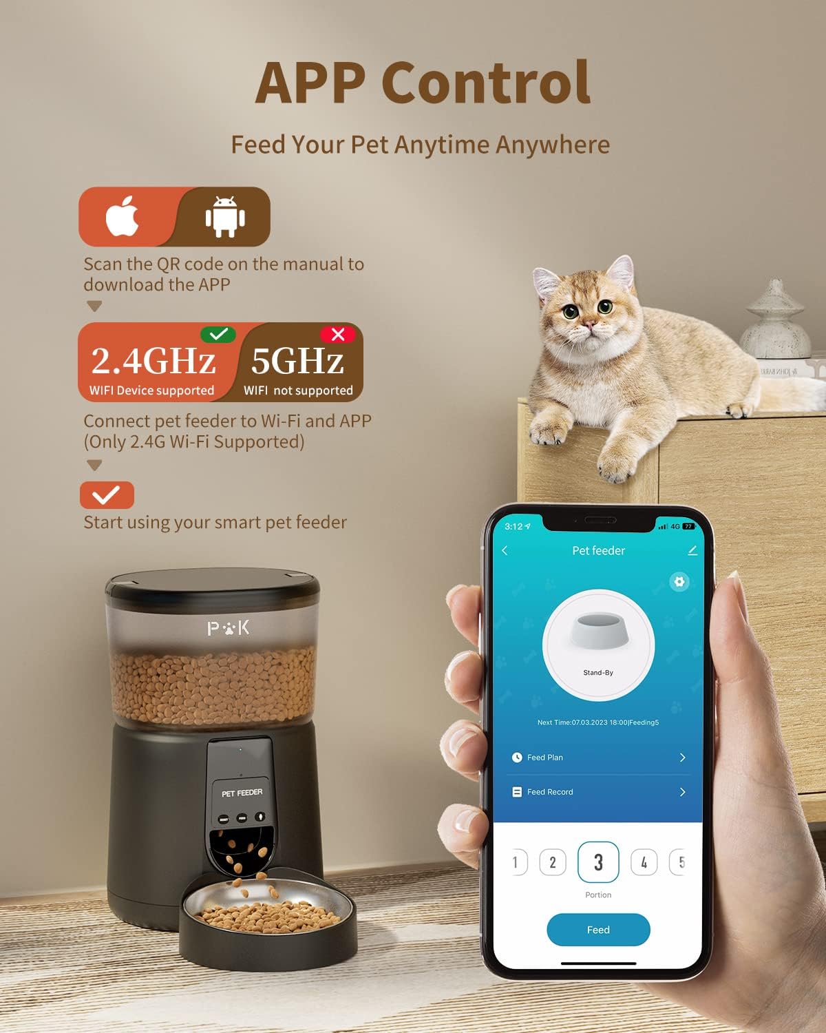 Distributeur Croquettes Chat Automatique, 2.4G WiFi 4L Distributeur Croquettes Chat & Chien, Connecté App, Enregistrement Vocal 10S, 1-10 Repas par Jour (Blanc) Noir