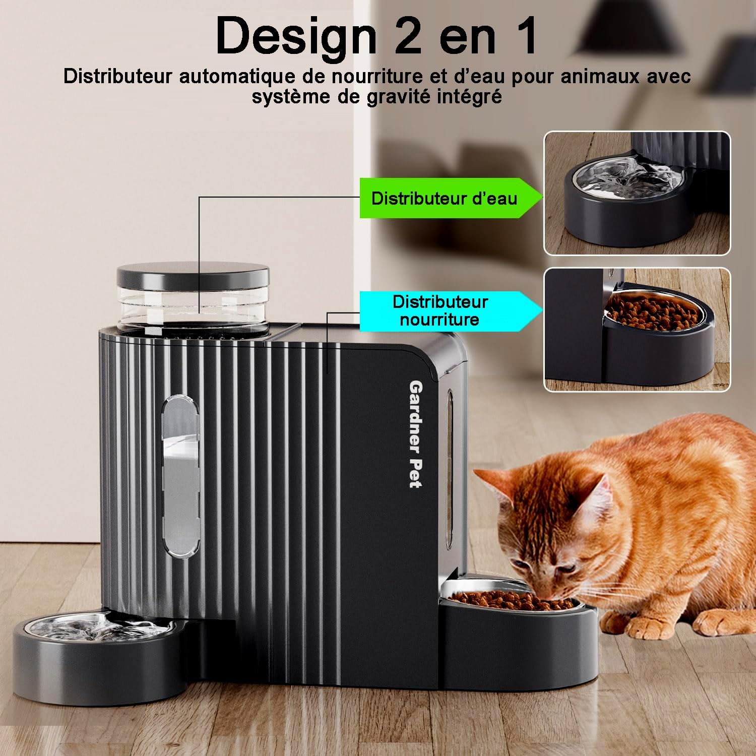 2-en-1 Distributeur Croquettes Chat Automatique 3L*2, Distributeur Eau Chat et Chien par Gravité, Mangeoire avec Gamelle Acier Inoxydable, pas d'électricité, Sans BPA, Angle Réglable, Noir 3L*2 Noir