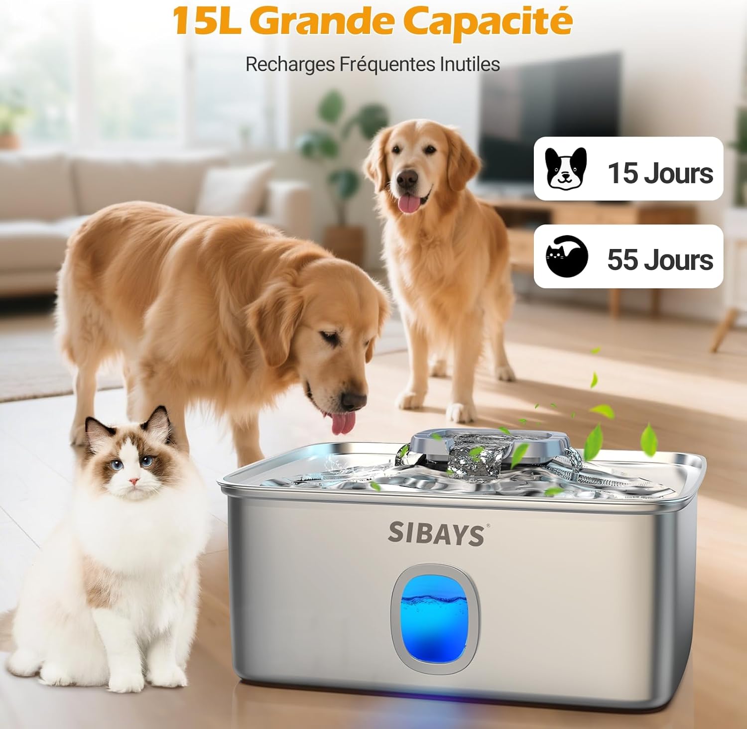 Fontaine a Eau Chat INOX, 15L Grande Fontaine a Eau Chien avec Zone de Boisson Plus Large, Super Silencieuse Fontaine à Eau pour Chat avec LED & Filtre, Adieu aux Remplissages Fréquents, FS76