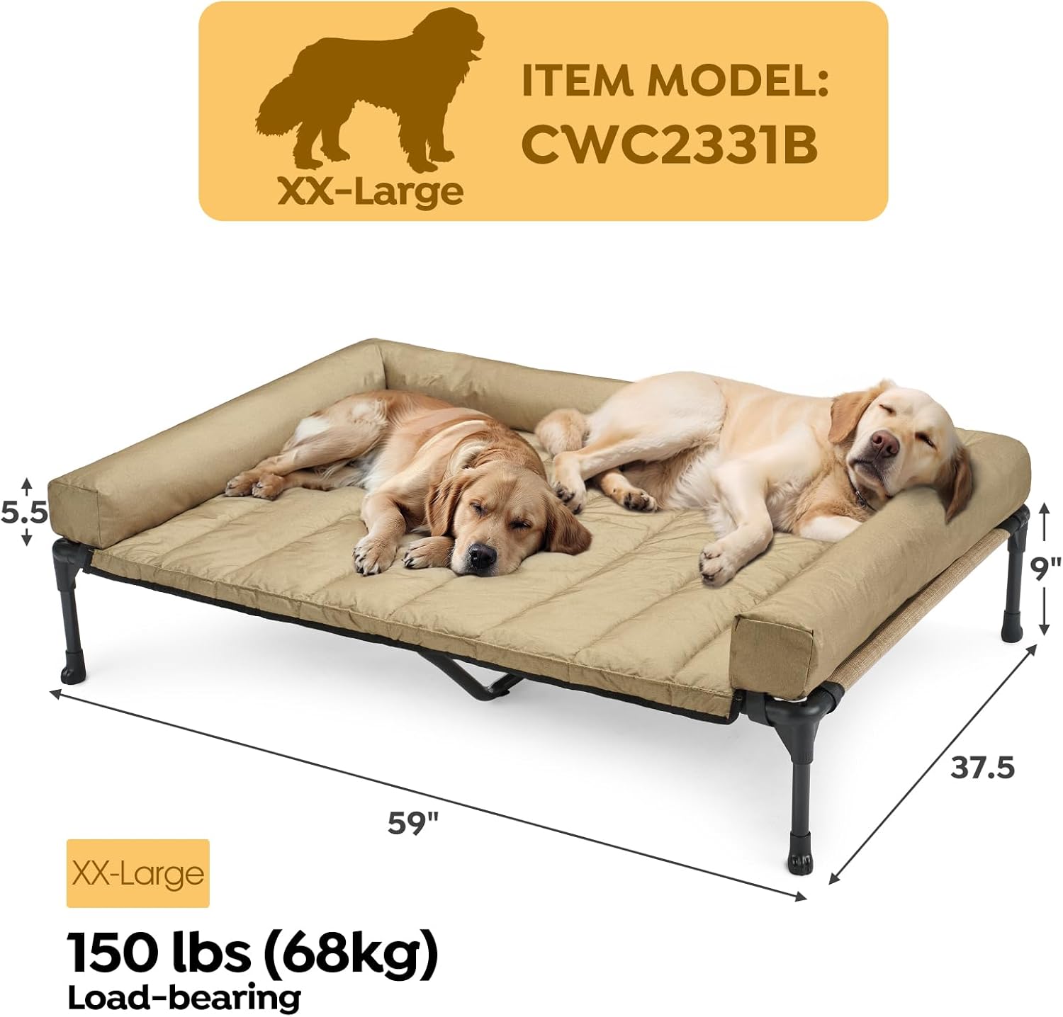 Lit Surélevé pour Chien, Lit Camp Chien Surélevé avec Bloster Amovible Lavable Transat Chiens Extérieur Panier Chiens Exterieur Canapé, Beige 150 x 95 x 22.5cm L 150 x l 95 x H 22.5 cm Beige