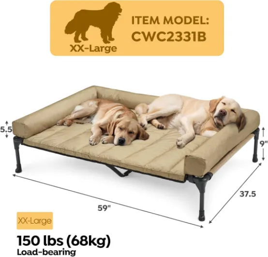 Lit Surélevé pour Chien, Lit Camp Chien Surélevé avec Bloster Amovible Lavable Transat Chiens Extérieur Panier Chiens Exterieur Canapé, Beige 150 x 95 x 22.5cm L 150 x l 95 x H 22.5 cm Beige
