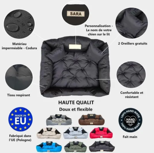 KING DOG Lit pour Très Grands Chiens XXL 130 x 105 cm Personnalisable avec Nom Coussin Imperméable Déhoussable Lavable Canapé Confortable Moelleux Douillet Antidérapant Fabriqué en UE Couleur Noir XXL 130 x 105 cm Noir