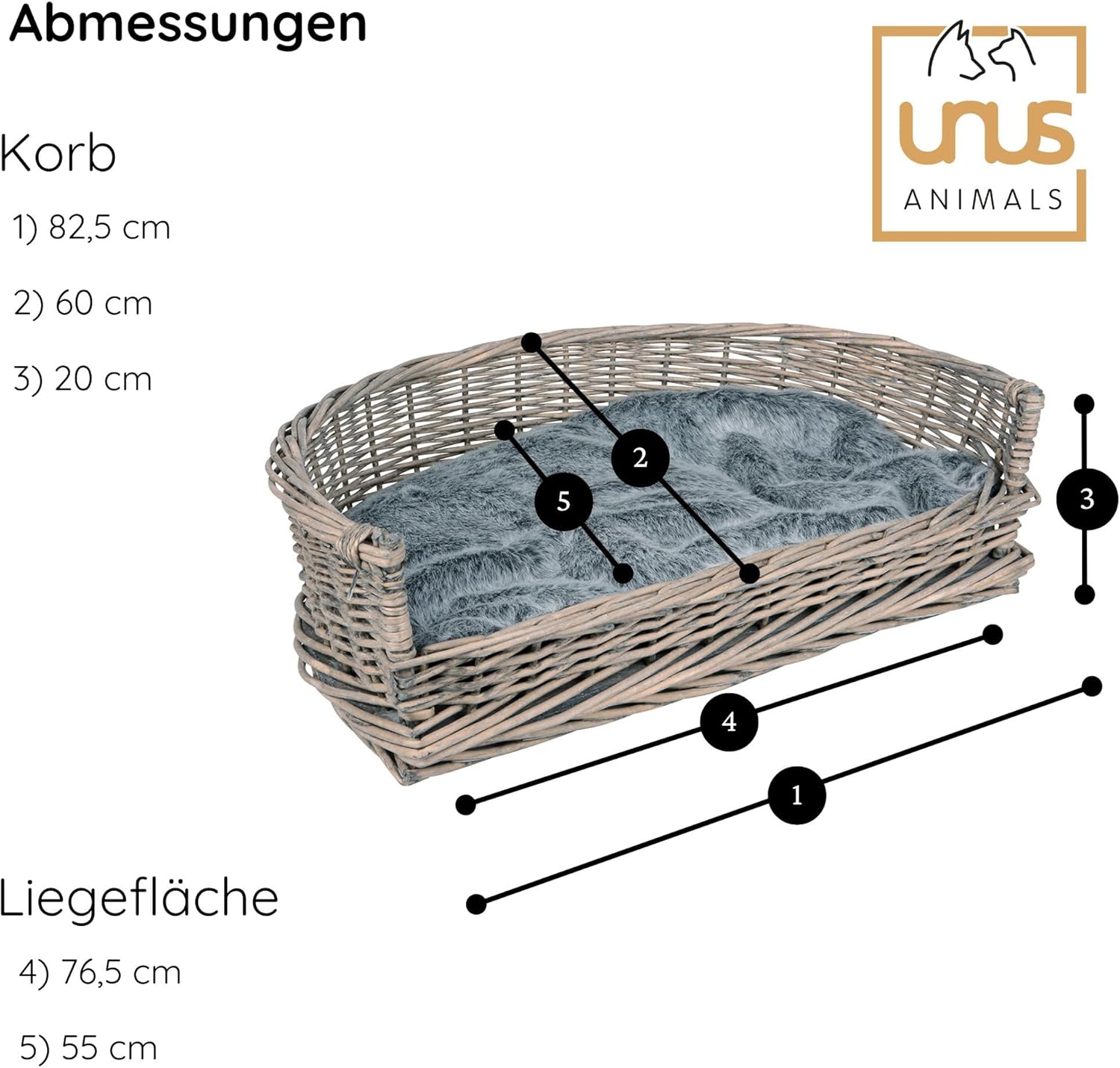 UNUS Panier pour Chien en Osier avec Coussin - Gris - L 83 x 62 x 22, pour Chiens Petits et Grands