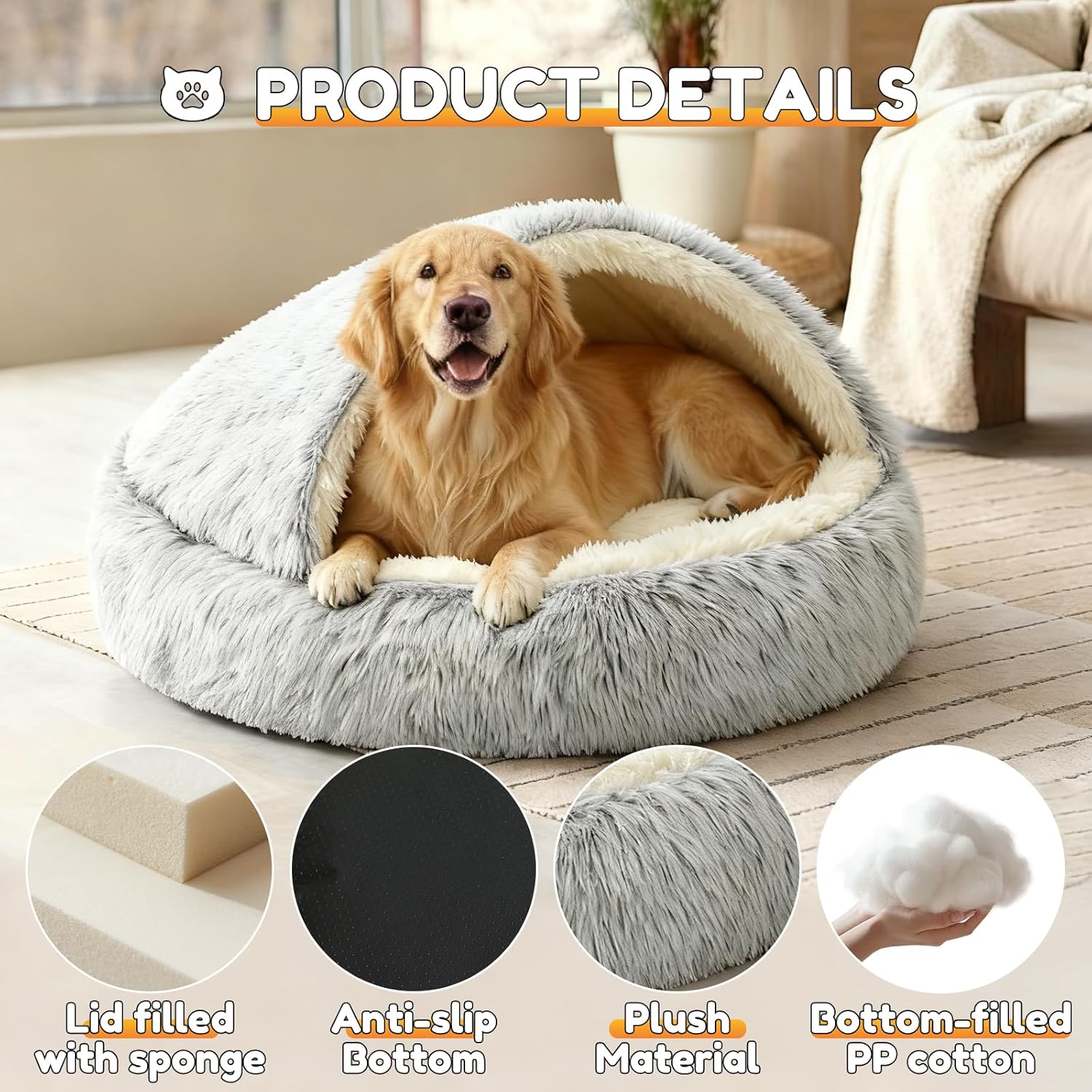 Lit orthopédique moyen pour chien avec housse, base antidérapante, lit anti-anxiété pelucheux lavable pour animaux de compagnie - Convient aux chats et chiens de moins de 20 kg/44 lbs Gris-80CM