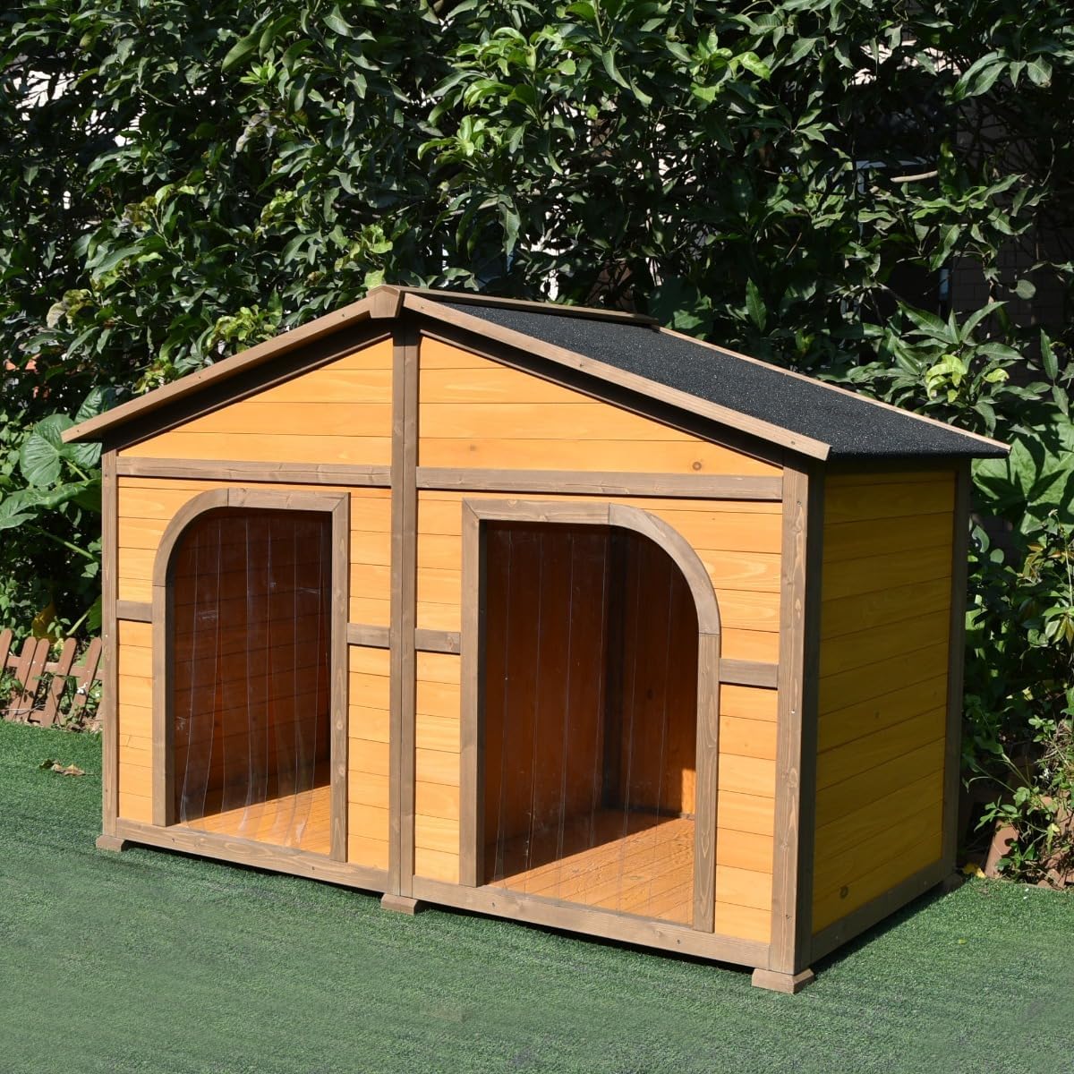 Animal Valley - Niche à Chien Double avec Toit Shingle Noir - Bois et Shingle - L 185 x l 106 x H 120 cm - Taille XXL - Beige et Marron - pour Grands Chiens