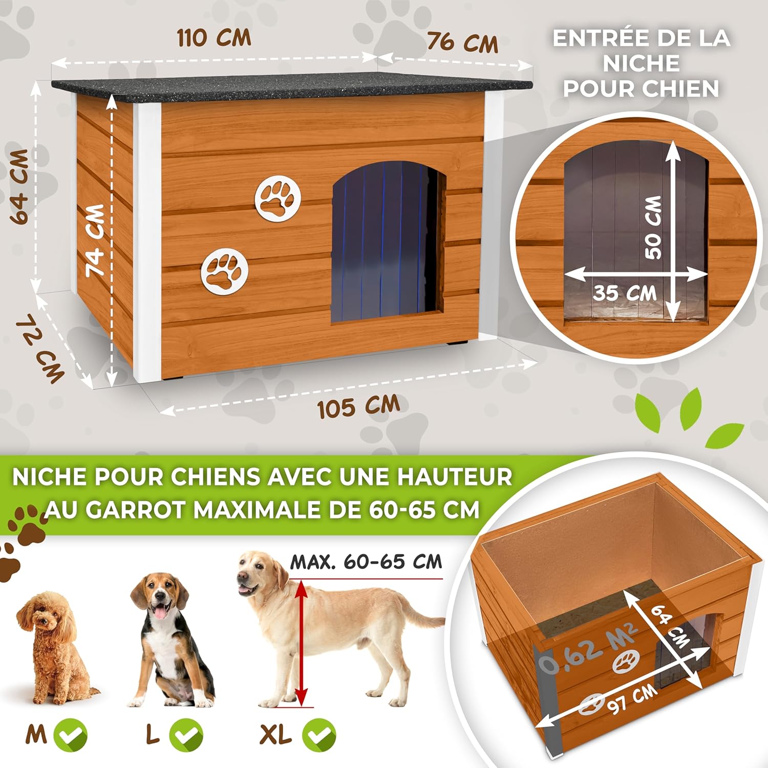 Outentin Niche pour Chien en Bois Isolée XL – Grande Maison Chien Extérieur Hiver – Refuge pour Chiens Jardin avec Toit Ouvrant – Niche Extérieure pour Grand Chiens en Bois FSC –105 x 71 x 64cm,Chêne Chêne XL