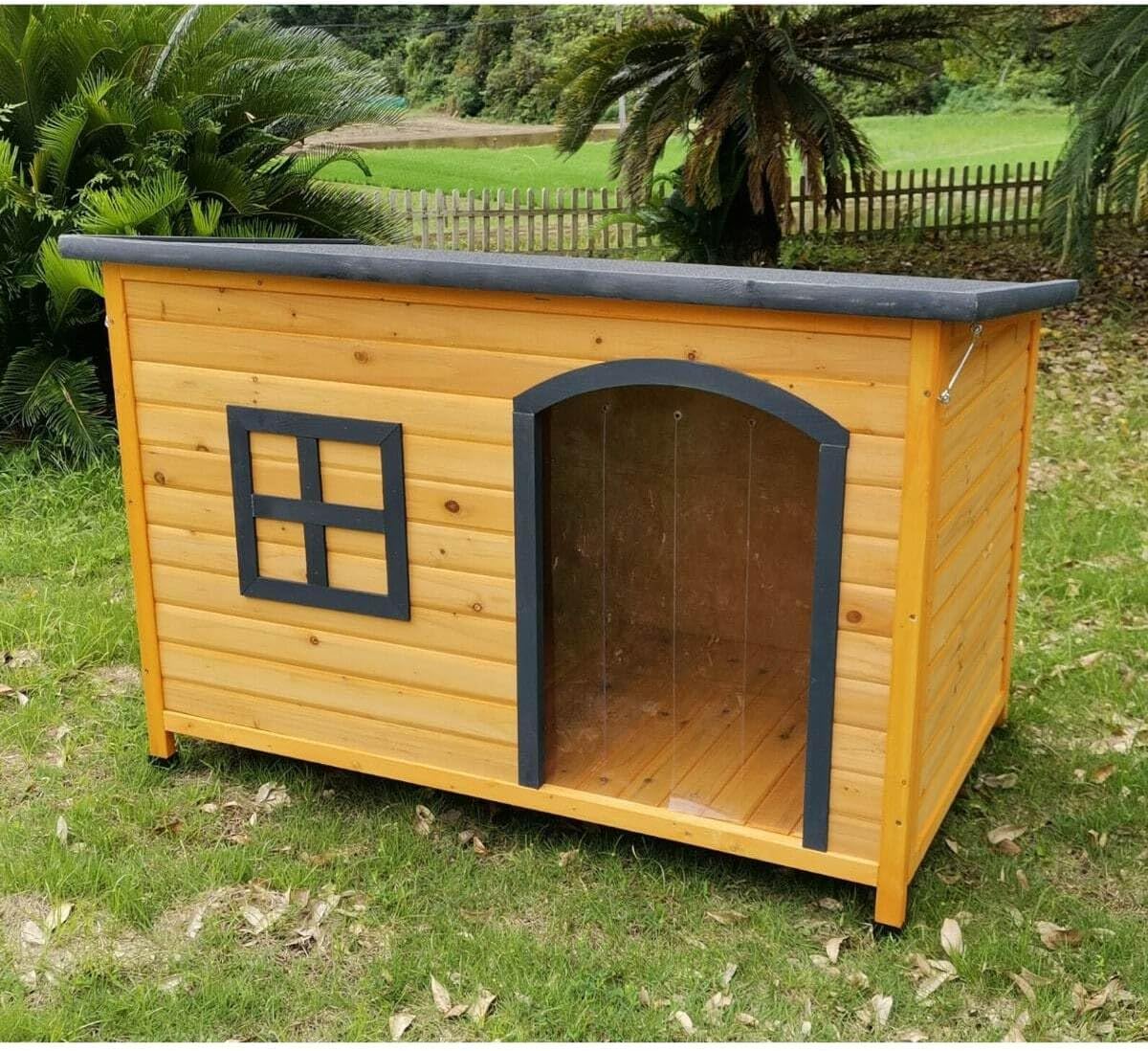 Animal Valley - Niche à Chien avec Isolation - Bois et Shingle - L 126 x l 80 x H 80 cm - Taille L - Beige et Gris - pour Grands Chiens