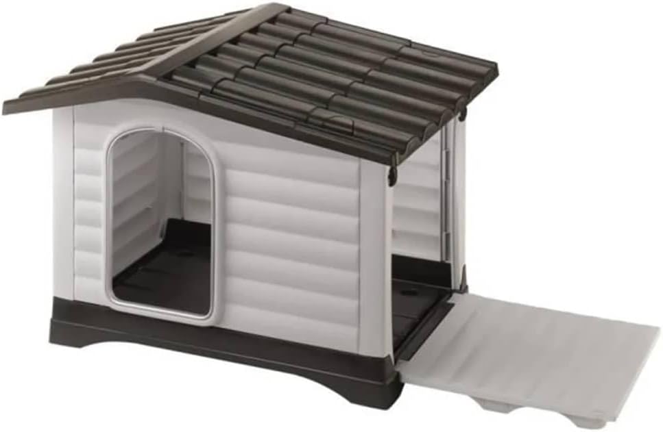 Niche pour Chien DOGVILLA 90, Niche Chien Extérieur, Côté Ouverture, Fond Drainant, Base Isolante, Toit Amovible, Grille de Ventilation, Plastique Recyclé, 88 x 72 x h 65 cm Gris DOGVILLA 90 (88x72x65 cm)