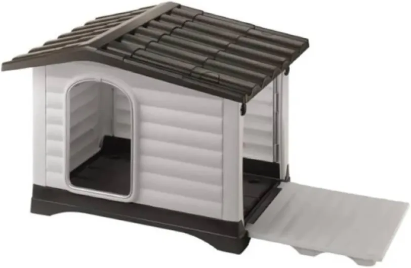 Niche pour Chien DOGVILLA 90, Niche Chien Extérieur, Côté Ouverture, Fond Drainant, Base Isolante, Toit Amovible, Grille de Ventilation, Plastique Recyclé, 88 x 72 x h 65 cm Gris DOGVILLA 90 (88x72x65 cm)