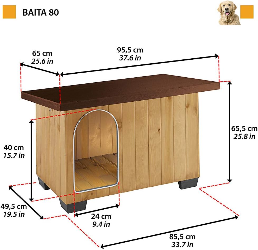 Niche pour chiens Maisonnette BAITA 80 en bois FSC, Pieds isolants en plastique, Porte anti-morsures en aluminium, Toit ouvrant 95,5 x 65 x h 65,5 cm