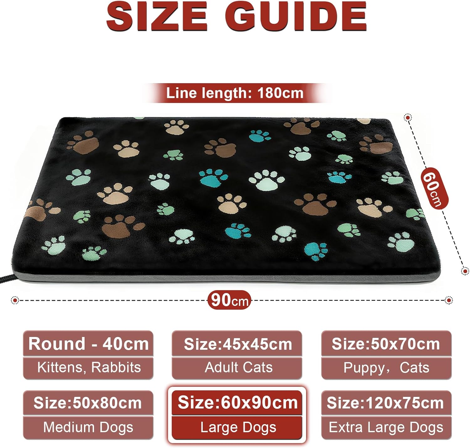 Grand coussin chauffant pour chien 91,4 x 61 cm avec interrupteur thermostat intelligent et tube de protection de ligne électrique, obtenu double certification MET et UL, tapis chauffant