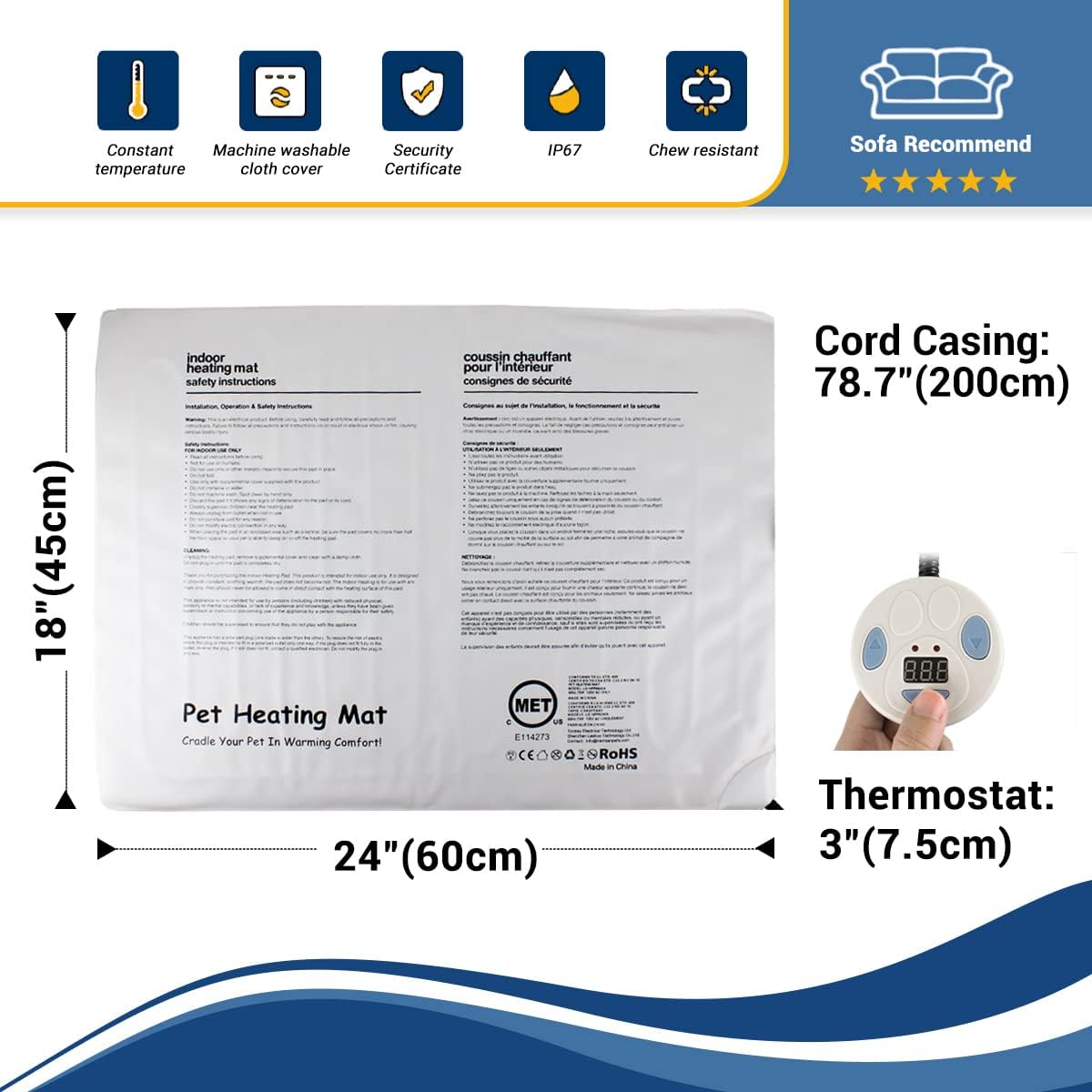 Enjoying Coussin Chauffant pour Animaux de Compagnie 60 x 45 cm Coussin Chauffant pour Chien 7 Niveaux de Température Réglable Tapis pour Animaux de Compagnie, Bleu Square Large (60 x 45 cm)