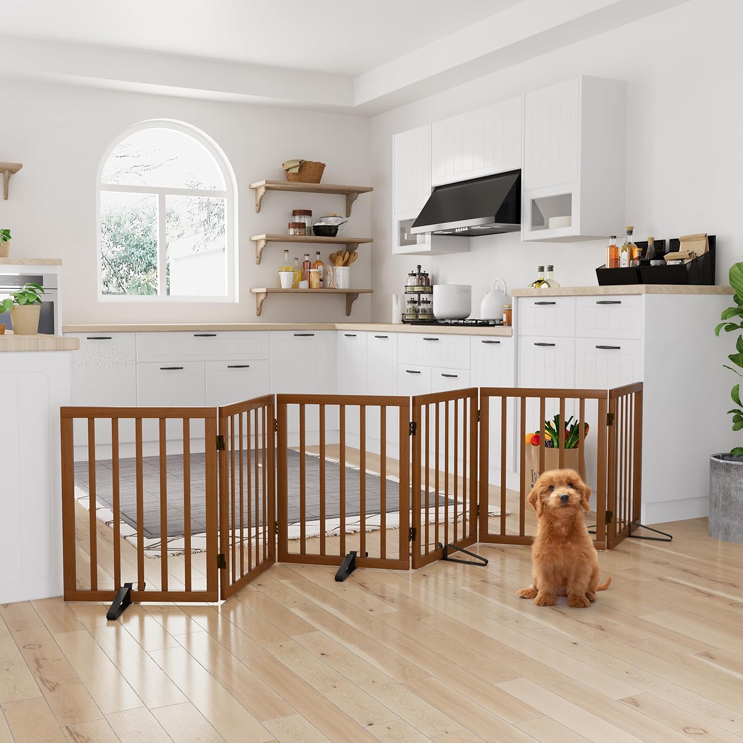 Semiocthome Barrière de Sécurité pour Chien Modèle d'Intérieur à 6 Panneaux sans Perçage d'une Hauteur de 61 cm et d'une Largeur de 280cm Elle Est Livrée avec 4 Supports Métalliques(Noyer) Noyer 6Plaque-280cm de long