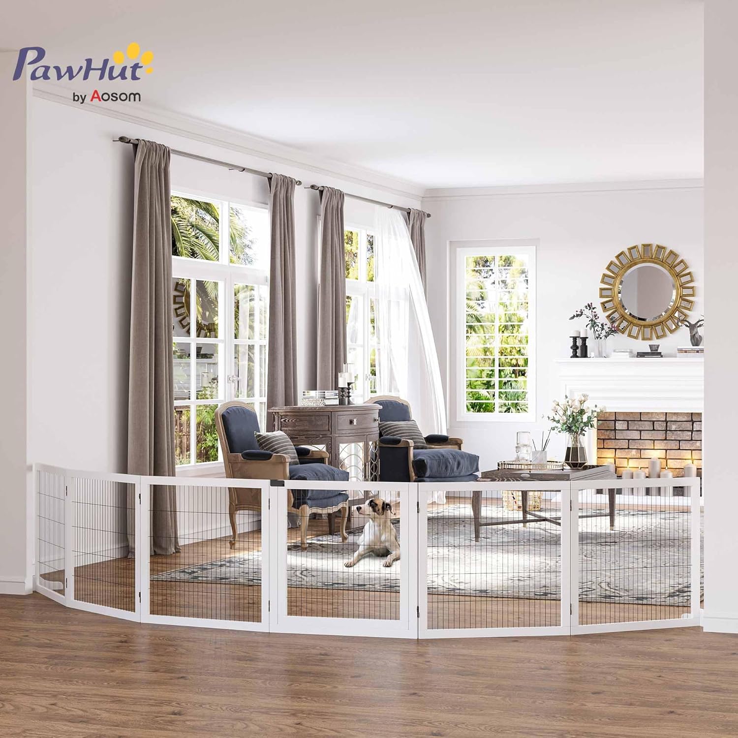 Barrière de sécurité Chien barrière autoportante barrière modulable Pliable 6 Panneaux 2 Pieds Support Bois de pin 432 x 36 x 70 cm Blanc