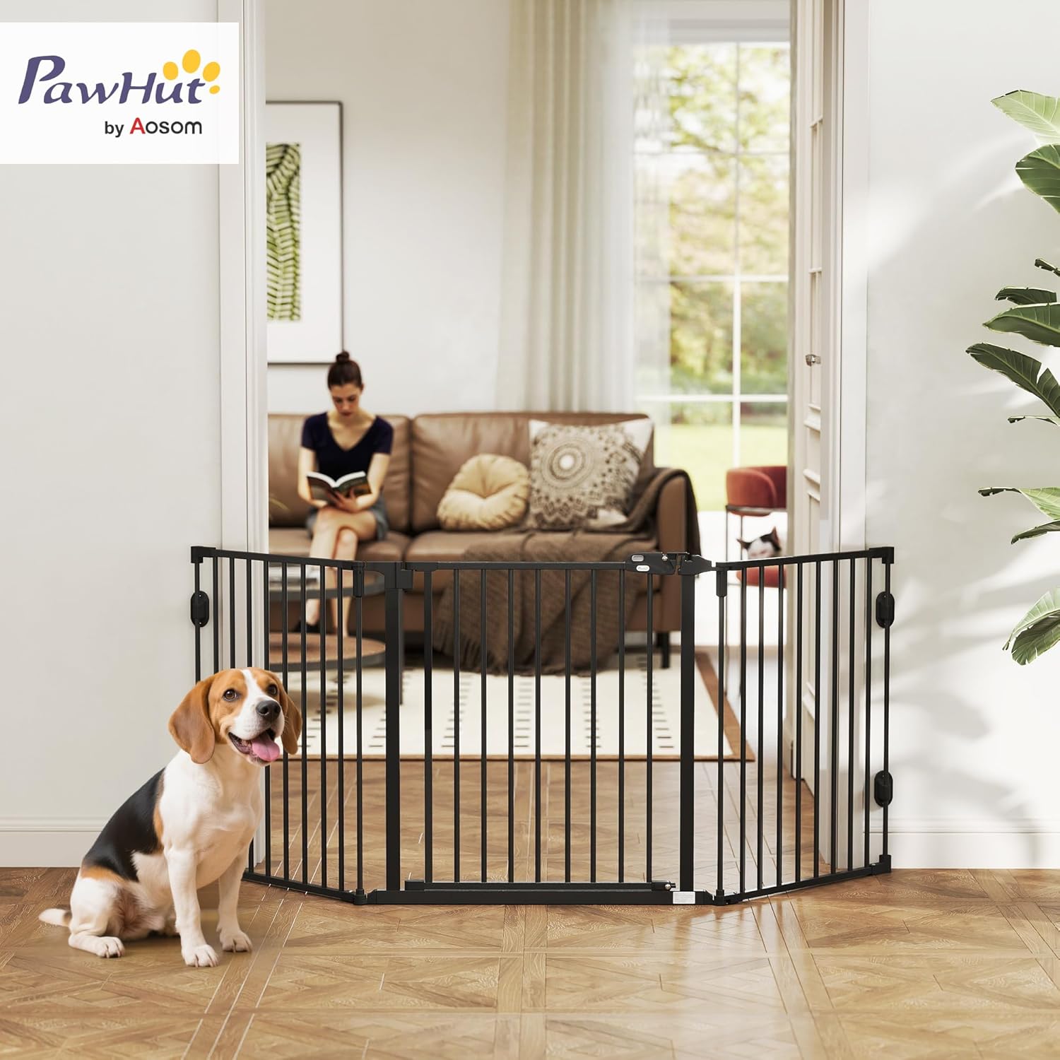 Barriere de securite Chien Pliable avec Porte en Acier, Barriere de securite cheminée 3 Panneaux modulable Fermeture Automatique, Grille de Protection pour Animaux 202,5 cm, Noir