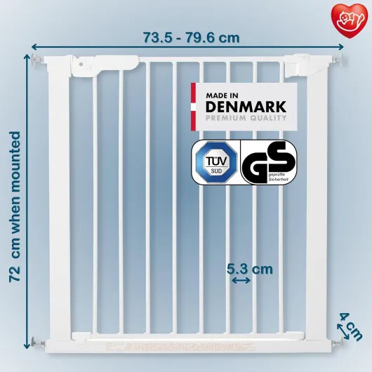 BabyDan Premier, Barrière de sécurité monté sur pression, 73,5-79,6 cm, Barrière pour bébé/Barrière de sécurité, Métal, Blanc, Fabriqué au Danemark - (Barrière pour animaux/Barrière pour chien) Blanc 73.5-79.6 cm