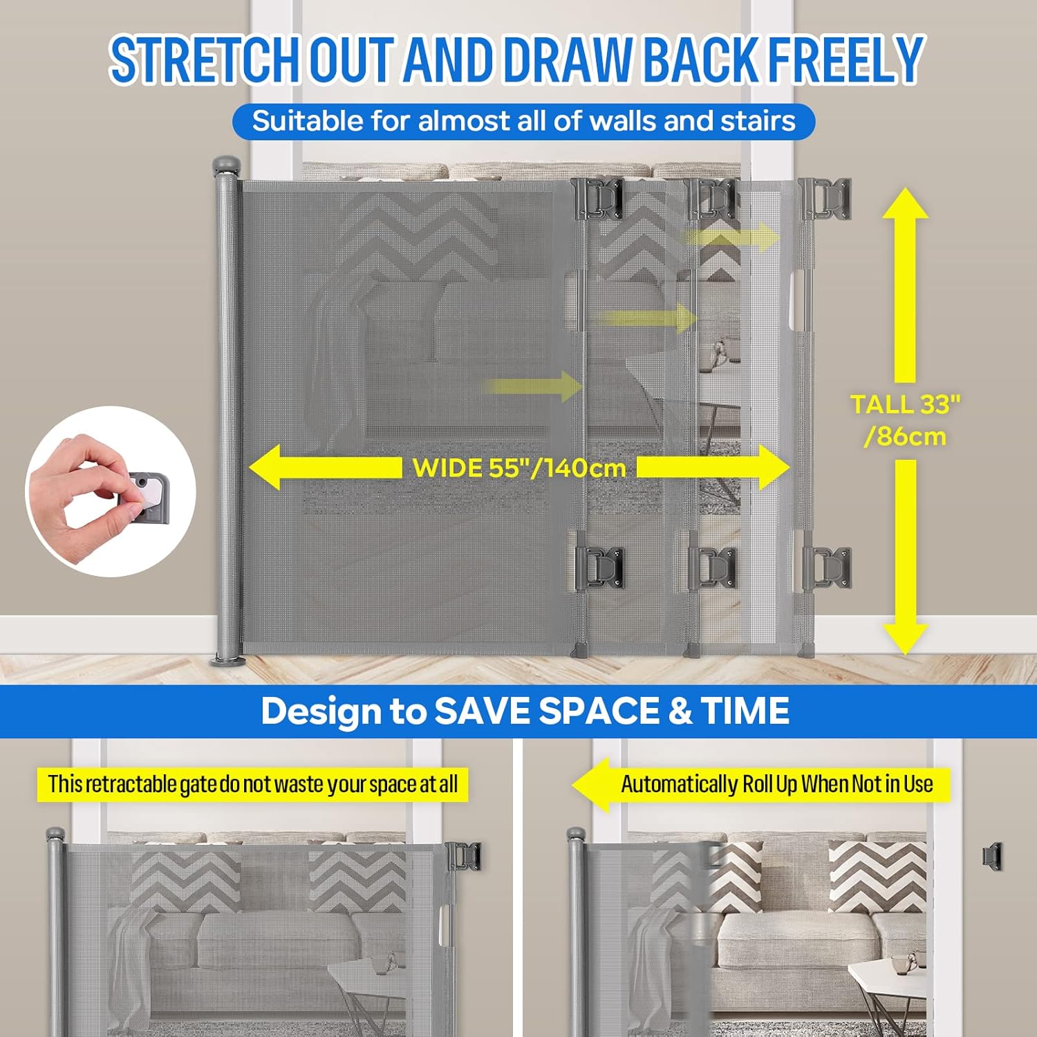 Barrière de Sécurité Rétractable,140 cm, pour Escaliers, Enfant ou Animaux de Compagnie, Gris 140cm(Amélioré)