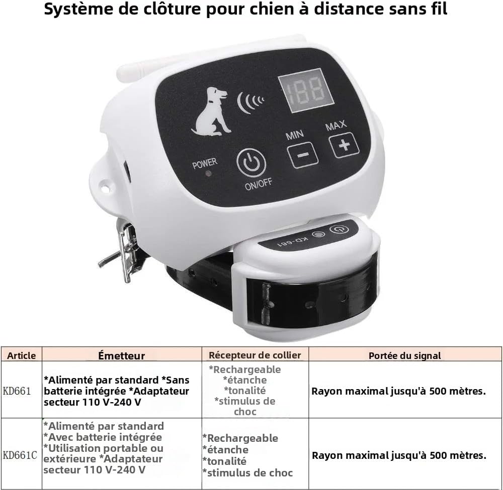 Système de clôture de Chien à Distance sans Fil étanche 1/2/3 Animaux de Compagnie 0-100 Niveau Dispositif de clôture électronique Collier de Dressage de Chien Choc électrique(661 pour 2 Chiens)
