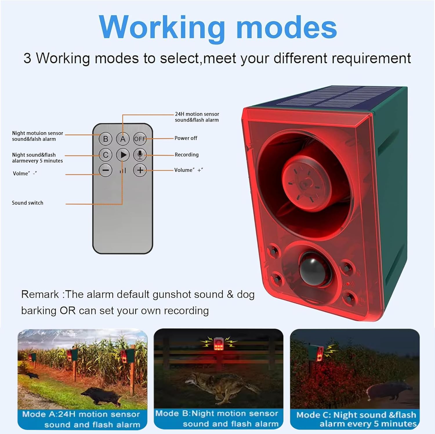 Alarme Solaire de capteur de Sports d'extérieur : aboiements de Chien et Coups de feu, Prise en Charge de l'enregistrement, Volume +/-, Alarme Forte de 129 DB (1 Pack)