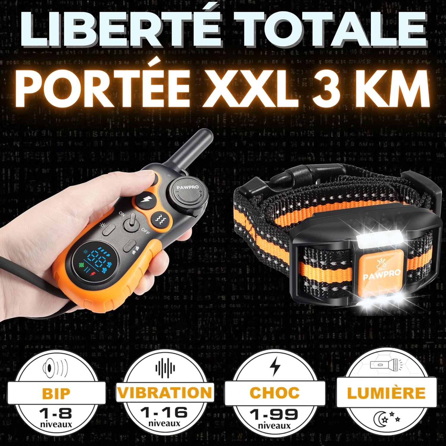 PAWPRO Collier de Dressage, Portée de 3km, Mode Lumière Nocturne, Guide de Dressage Inclus, 124 Niveaux d’Entraînement, BIP Vibration Choc, Adapté à Tous Les Chiens, Étanche Rechargeable, Marque FR 1 Collier