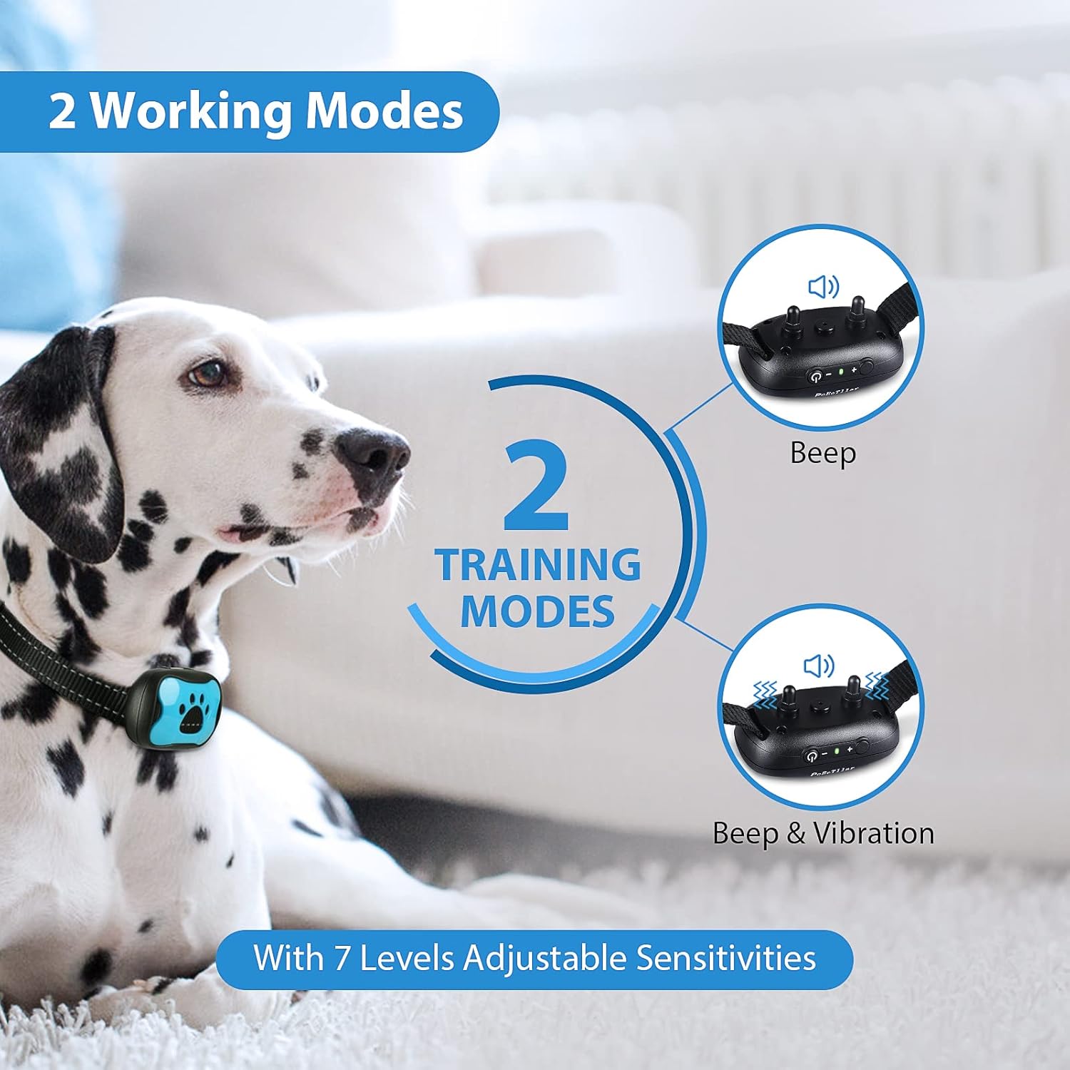 Rechargeable Collier Anti aboiement Chien pour Petit Moyen Grand Chien, Intelligente Collier Dressage avec 2 Modes Vibration et Son 7 Niveaux de Sensibilité, Bleu