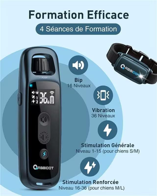 Collier de Dressage pour Chien, Veilleuse et 4 Modes de Dressage, Bip, Vibration et Stimulation, Rechargeable Collier Anti Aboiement avec Télécommande pour Petits et Grands Chiens (6-55 kg) 1 Collier Z-Bleu