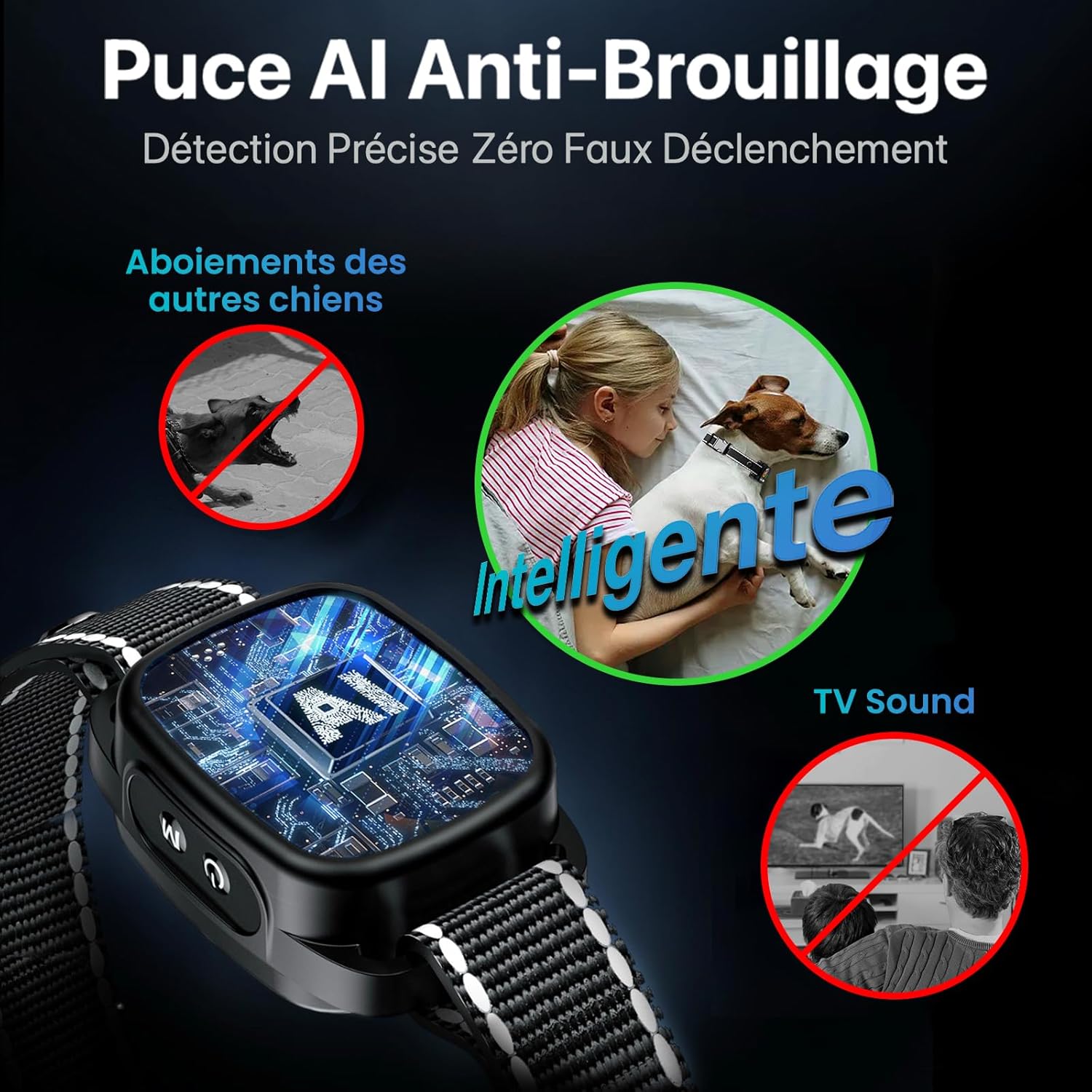 Collier Anti Aboiement Chiens,Modes Son/Vibration/Vibration Forte, Détection Intelligente des Aboiements, Rechargeable, Étanche IP67, pour Petit et Gros Chien (Black)