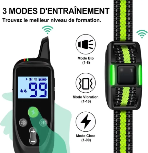 IHPUKIDI Collier de Dressage pour Chien avec Télécommande – 3 Modes (Bip, Vibration, Choc), Portée 1000m, Étanche IP67, Lampe LED, Rechargeable, Convient Petits Moyens Grands Chiens Vert