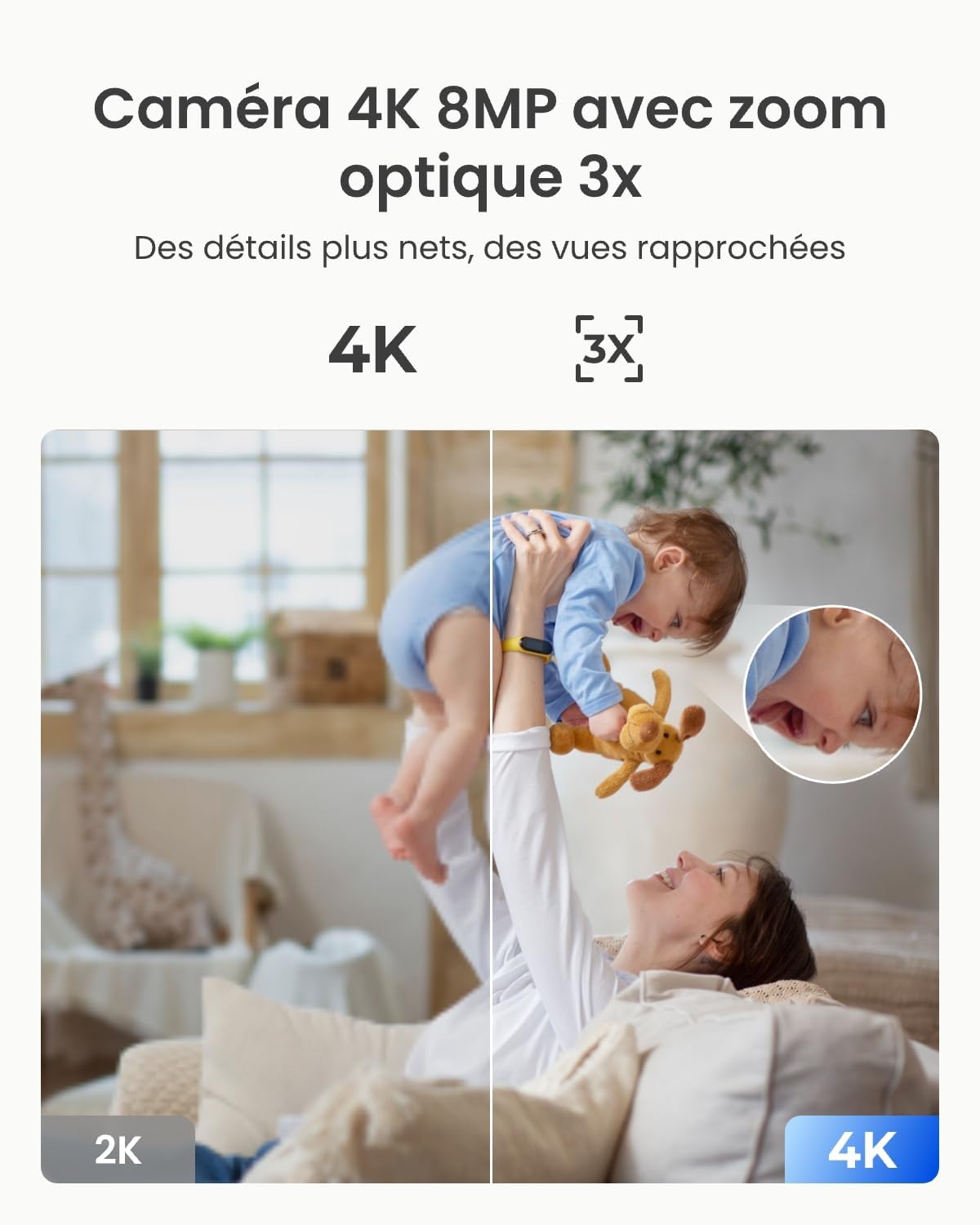 4K 360° Caméra Surveillance WiFi Intérieure, Wi-FI 6 Bi-Bande Caméra Bébé, Détection de Personne/Animaux/Pleurs, Zoom Optique 3X, Suivi Auto, Vision Nocturne, E1 Zoom Blanc 4k