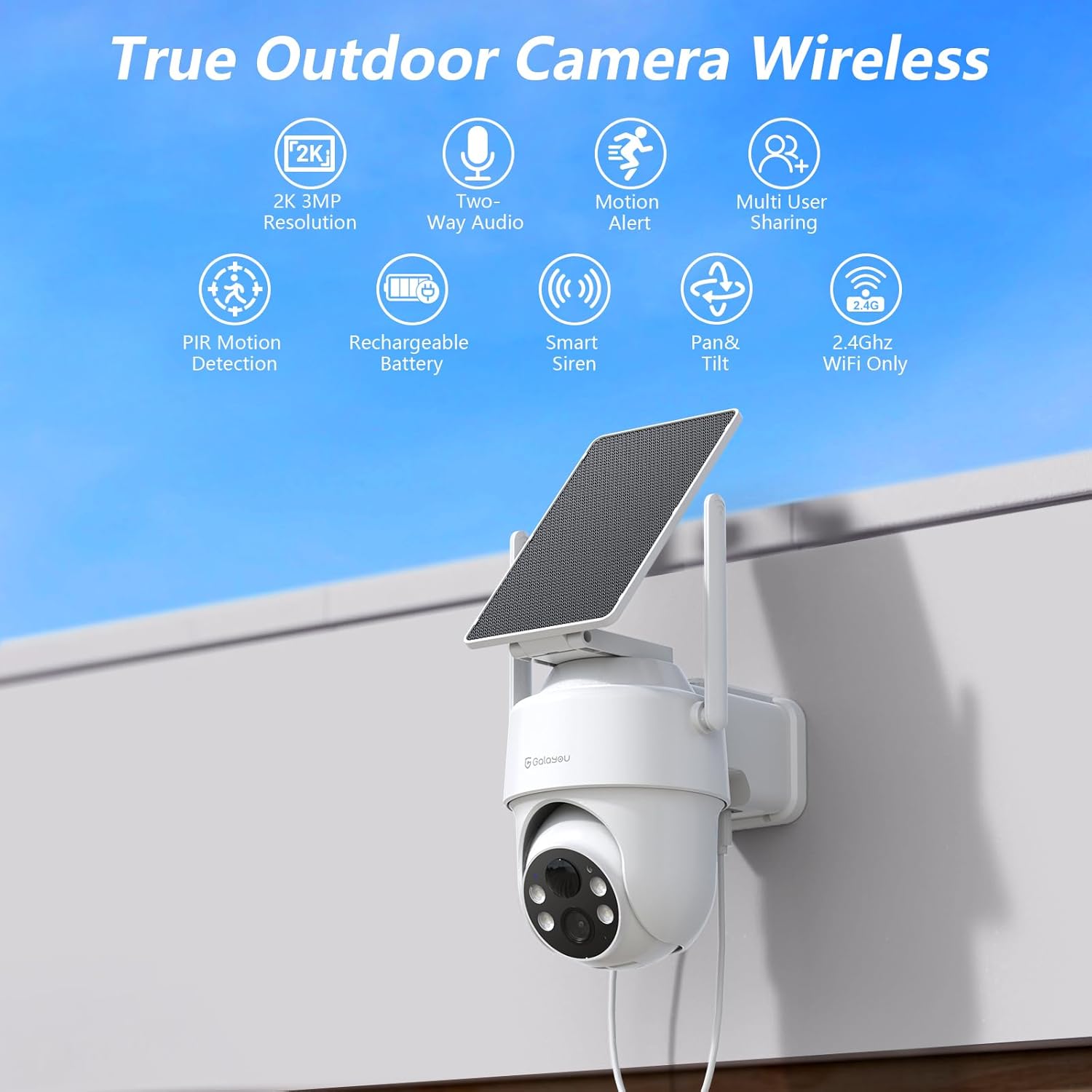 Caméras de Surveillance Exterieure sans Fil Solaire - 2K Camera Exteriéur 2,4GHz, Alerte Instantanée PIR, Sirène, Vision Nocturne, Audio Bidirectionnel, Alexa R1-2p 3MP-2P
