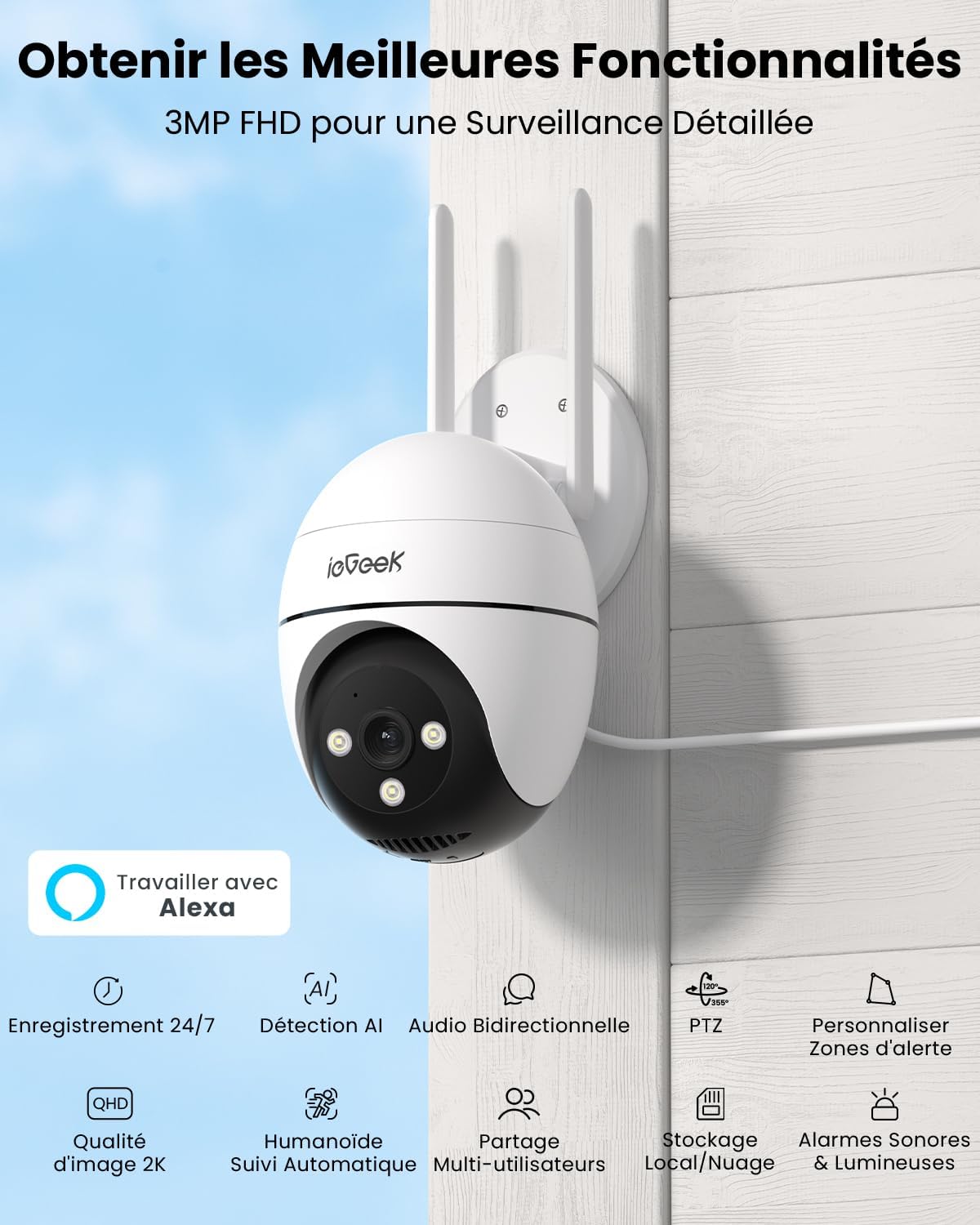 2K Camera Surveillance WiFi Exterieure 5Ghz /2.4G - 360° PTZ Camera Exterieur WiFi, Suivi de Mouvement, AI Détection, Audio Bidirectionnel, Vision Nocturne Couleur ZS-GQ2 (2 Pièces) 2K (2 Pièces)