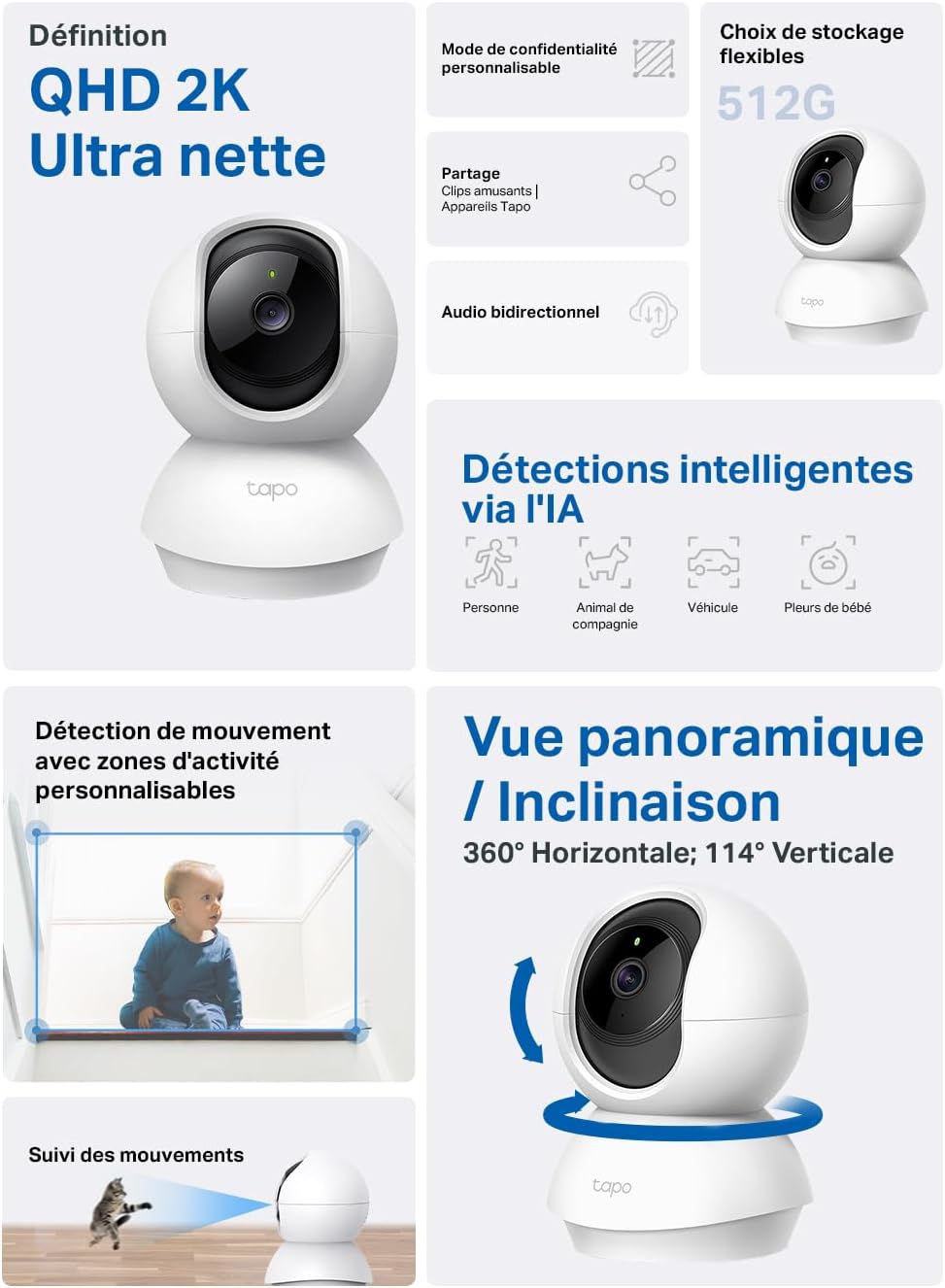 C210 Caméra WiFi Intérieure 2K 3MP, Rotation 360°, Détection de Personne&Pleurs de Bébé, Vision Nocturne, Audio Bidirectionnel, Stockage Cloud&microSD 512 Go, Alexa et Google Assistant 1 Pack
