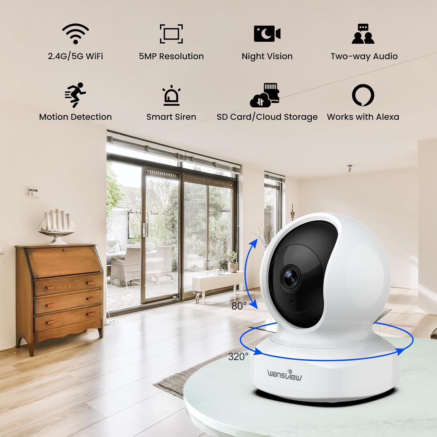 3K 5MP Camera Surveillance WiFi Interieur - 2.4G/5G Double Bande WiFi Caméra de Surveillance, Suivi Intelligent 360°, Détection Humaine IA, Compatible avec Alexa pour Bébé/Chat/Chien/Maison Q5-5MP-blanche