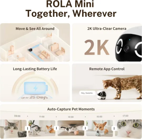 Enabot EBO ROLA Mini FamilyBot, 2K Caméra Robot pour Animaux, Caméra Robot pour Animaux Mobile avec app, Appel Tactile, Audio 2 Voies, Vision Nocturne IR, détecteur Mouvement et vidéo