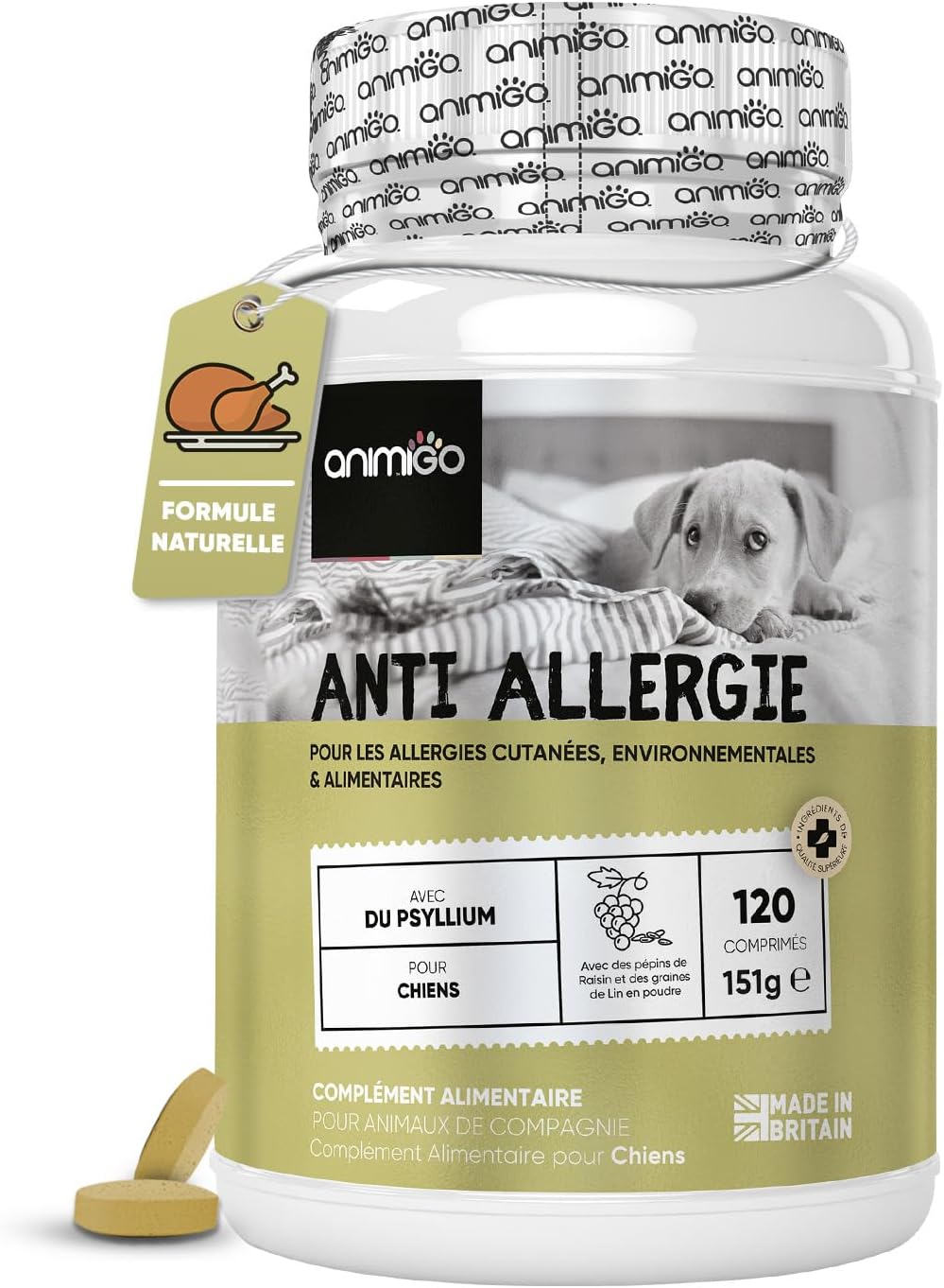 Anti Demangeaison Chien & Allergie 120 Comprimés - Graines De Lin - Source D'omega 3, 6, 9, Curcuma - Anti Inflammatoire Chien, Poudre De Psyllium - Digestion, Citrouille et Riz Brun - Peau & Pelage