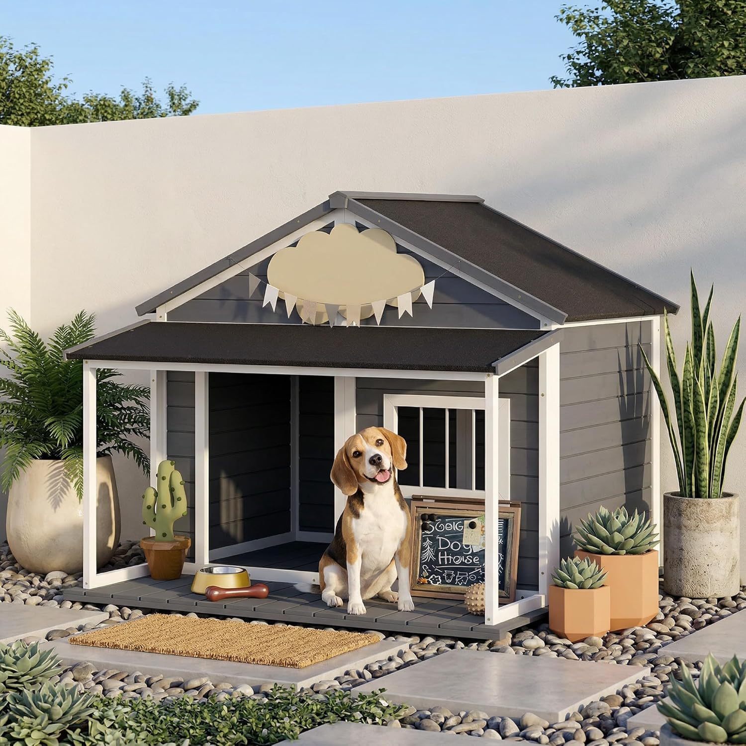 Niche pour Chien Extérieur Style Cabane en Bois, 124x112x105cm - Grande Niche avec Terrasse et Toit Bitumé Imperméable - Abri pour Chien de Taille Moyenne et Grand jusqu'à 24 kg, Gris