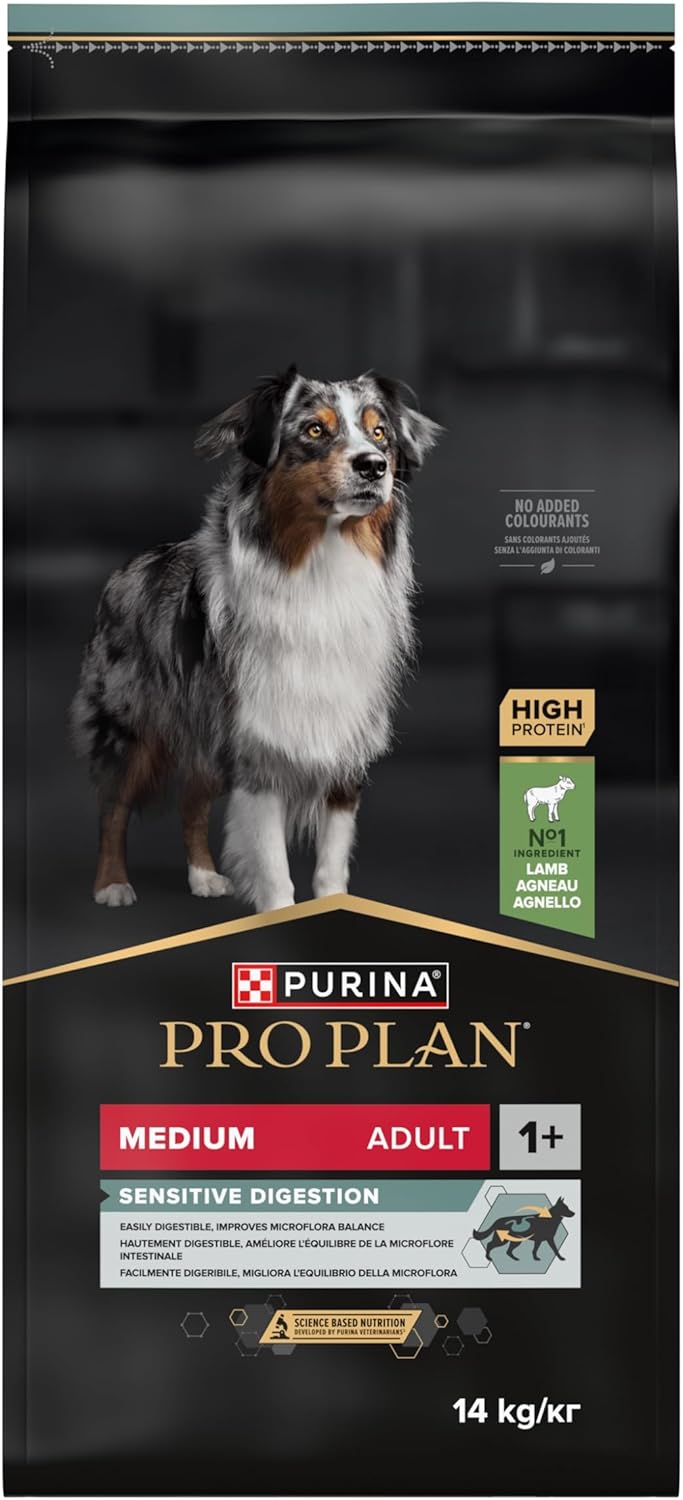 PURINA PRO PLAN - Sensitive Digestion - Croquettes complètes pour chien adulte de moyenne taille - Favorise un système digestif sain - Riche en Agneau - Croquettes - Sac de 14kg 14 kg (Lot de 1)
