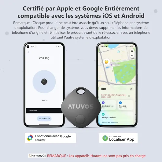 Android Smart Tracker Air Tag Traceur Lot de 1, Fonctionne avec l’app Google et Apple Localiser,IP67 Imperméable, Localisateurs D'Objets Bluetooth pour Les Clés/Portefeuilles/Valises/Sacs Système Double/1Pack