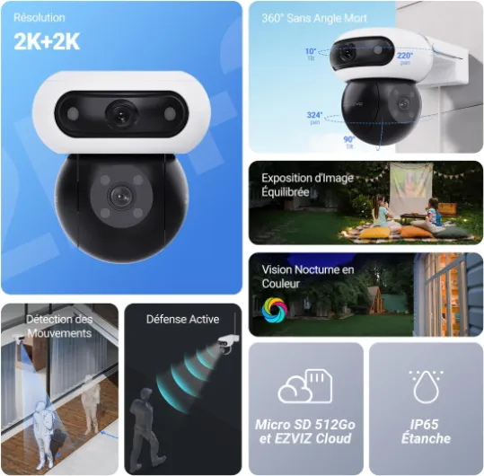 8MP (4MP+4MP) Caméra Surveillance WiFi Extérieure à Double Objectif, Caméra Extérieure 360°, Vision Nocturne Couleur, Détection de Personne/Véhicule, Audio Bidirectionnel, Étanche, C90 Dual