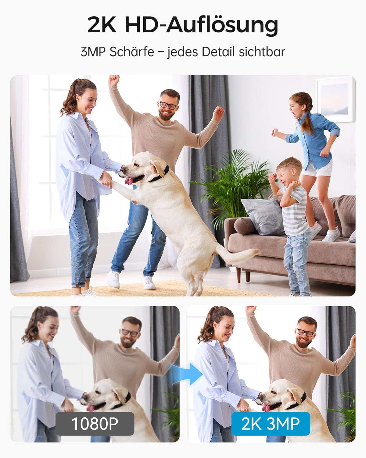 Caméra de surveillance intérieure 2K, Wi-Fi à 360 ° pour chien, avec vision nocturne couleur, détection des phrases personne/bébé, suivi de voiture, audio bidirectionnel, moniteur pour animaux de R4041